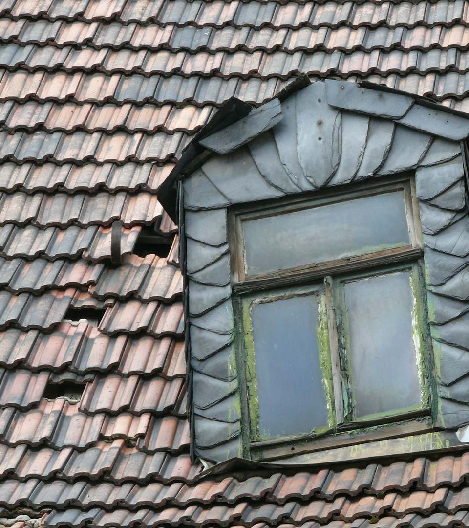 Lead-clad dormer window set into a clay-tiled roof